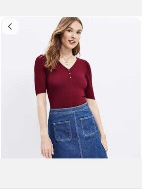 NWT LOFT Burgundy Short Sleeve Ribbed Henley Top Large